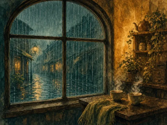 Editorial Illustration image example: A rainy-day tea shop