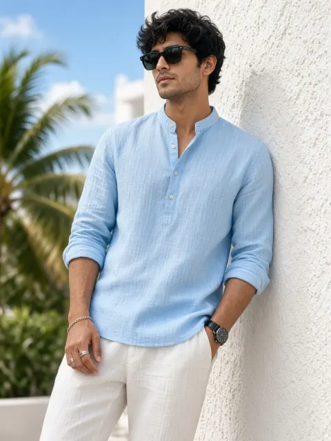 Man in Blue Linen Shirt, Summer Style