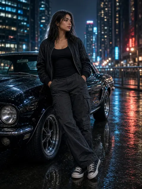 Cinematic Night Street Portrait with Classic Car