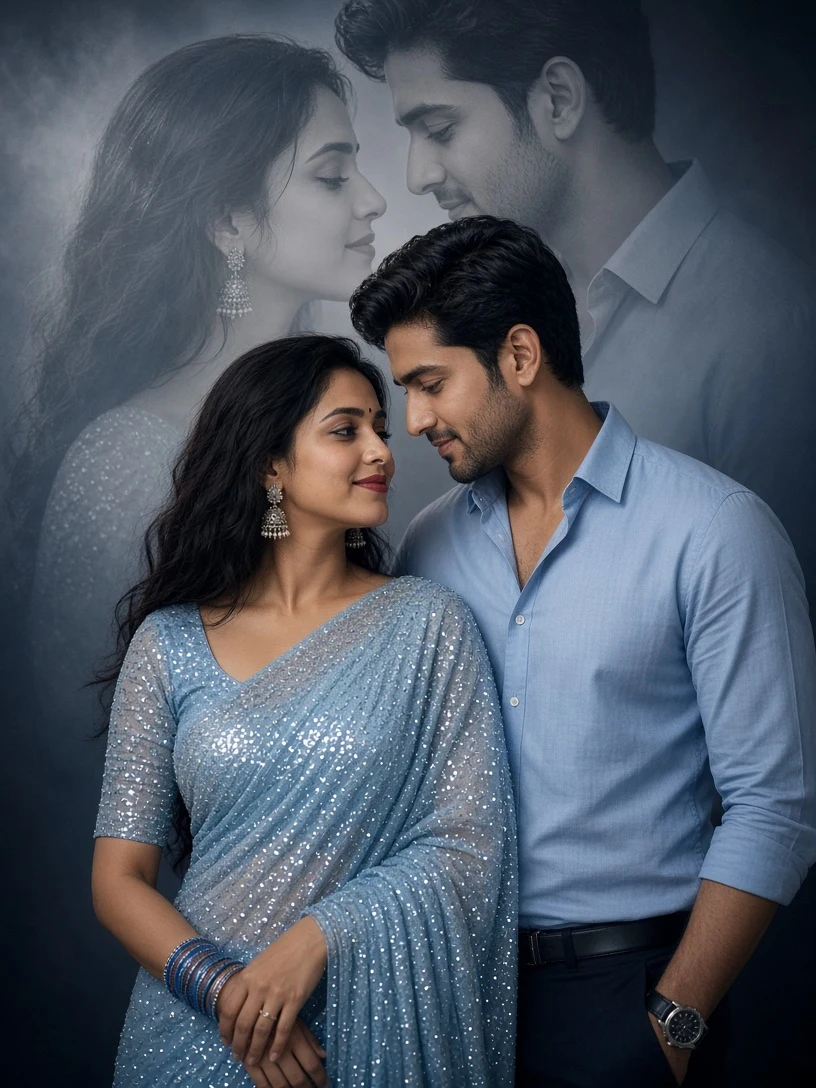 Elegant Couple in Blue Outfit – Double Exposure Portrait