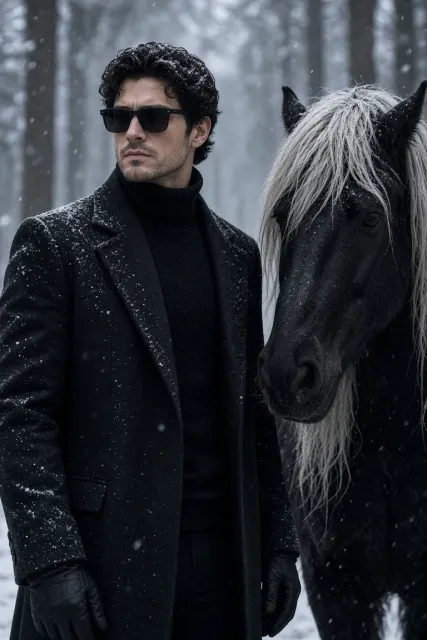 Stylish Man with a Black Horse in a Snowy Forest