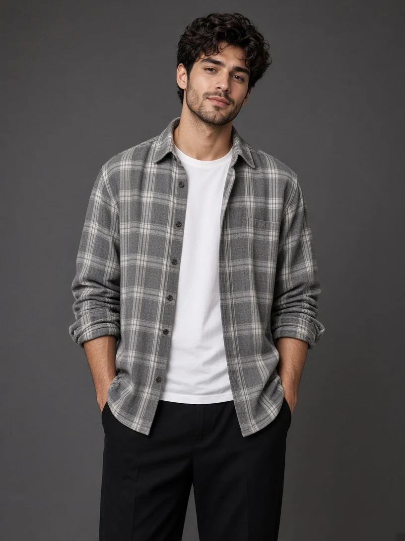 Man in Grey Plaid Shirt