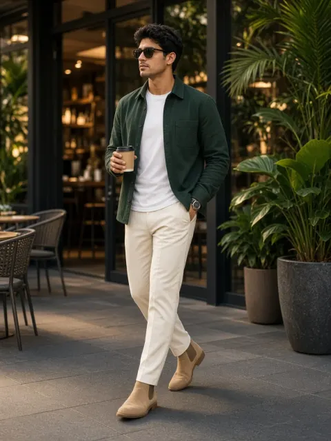 Man in Green Shacket Outside Cafe