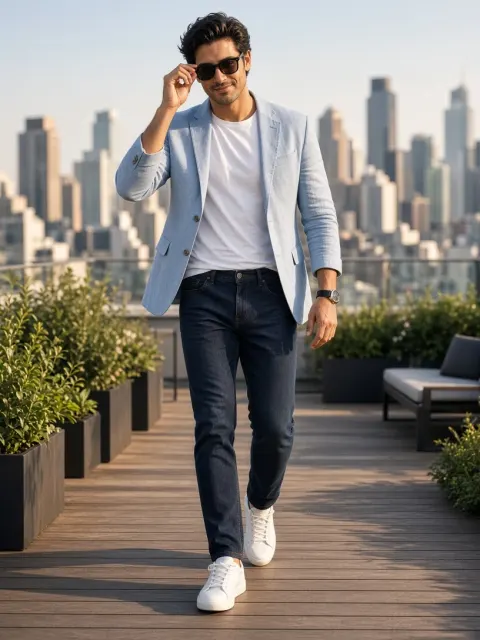 Stylish Man Walking Rooftop Fashion Photo AI Prompt