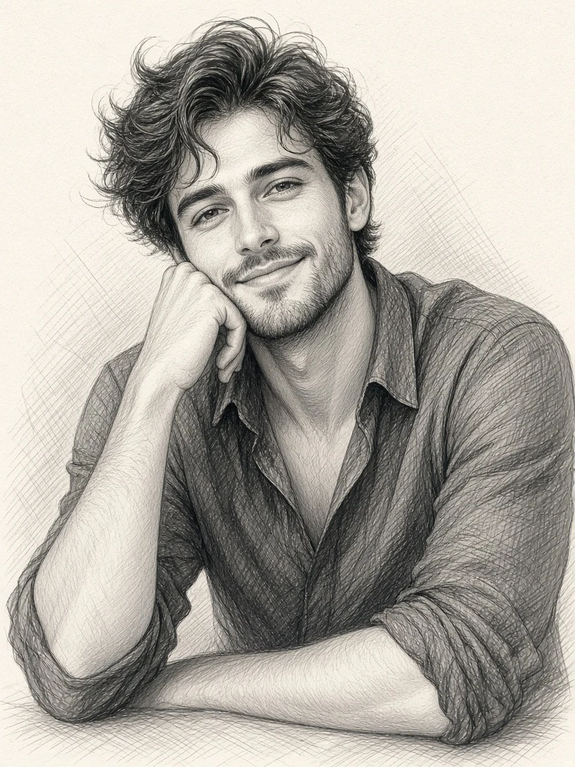 Thoughtful Man Hand Drawn Pencil Sketch AI Prompt