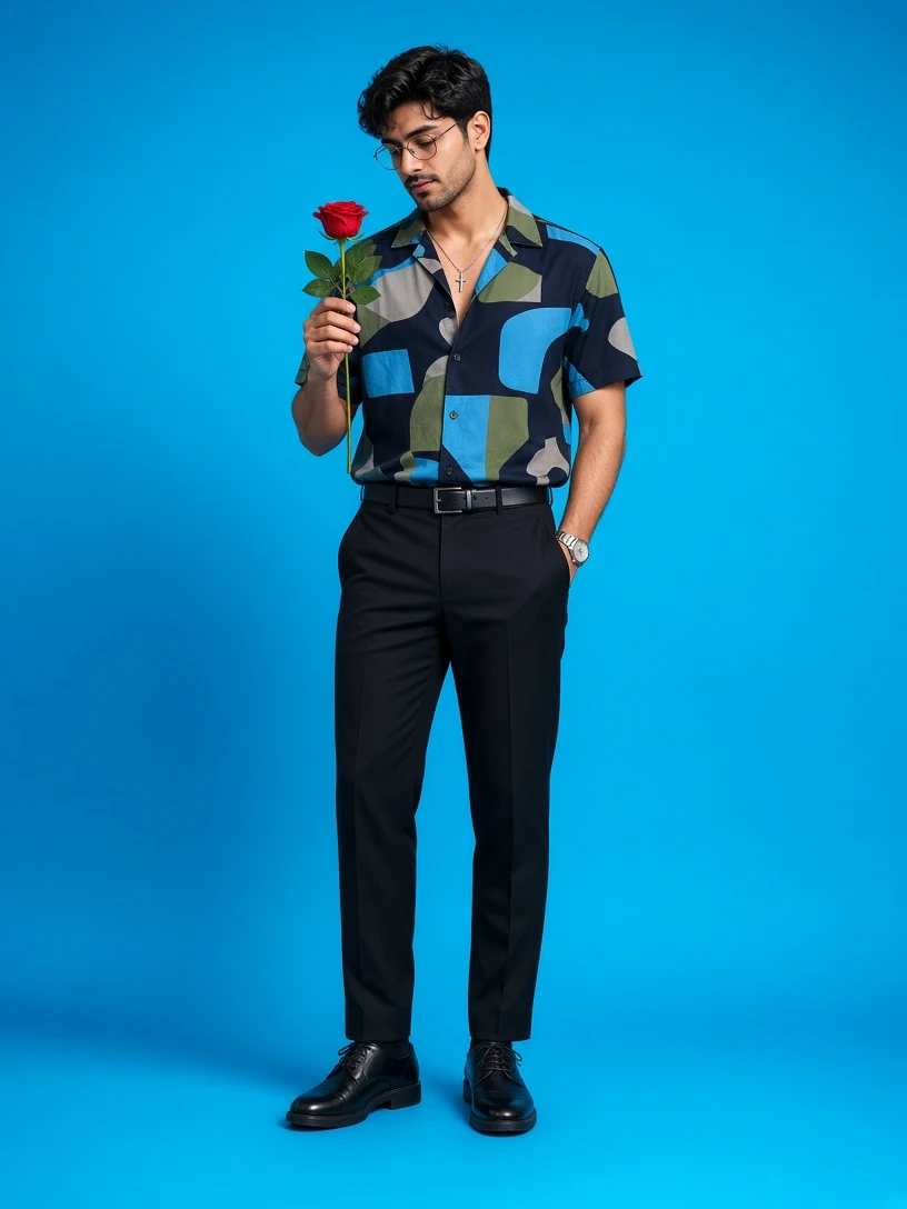 Man in Colorblock Shirt Holding Rose