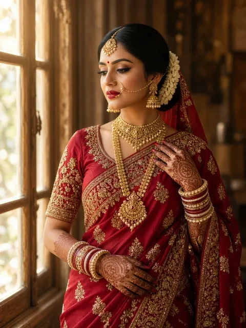Radiant Indian Bride in Crimson Saree