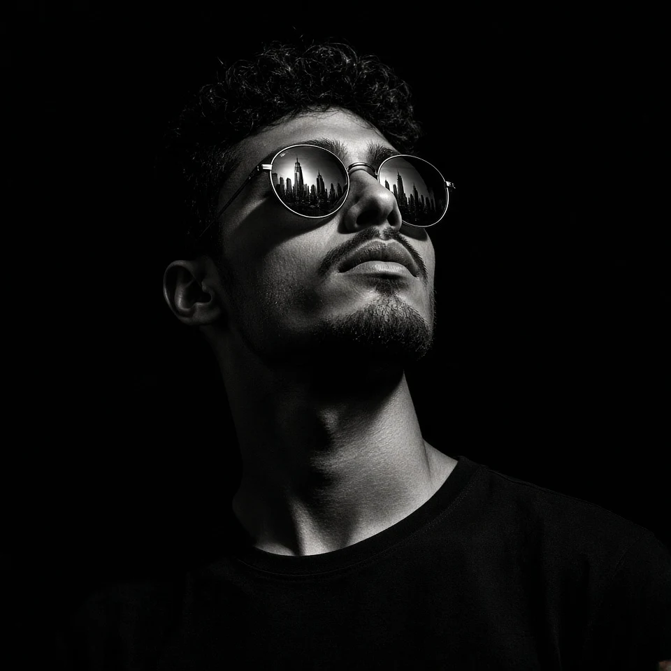 B&W Cinematic Reflective Sunglasses AI Prompt