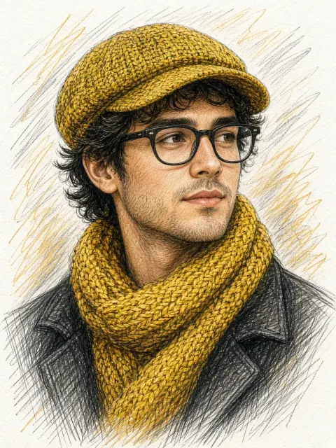 Man in Yellow Cap Colored Pencil Sketch