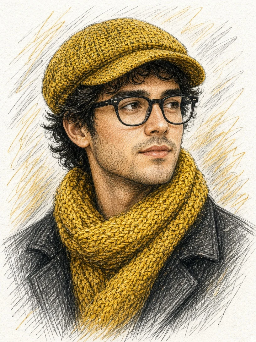 Man in Yellow Cap Colored Pencil Sketch