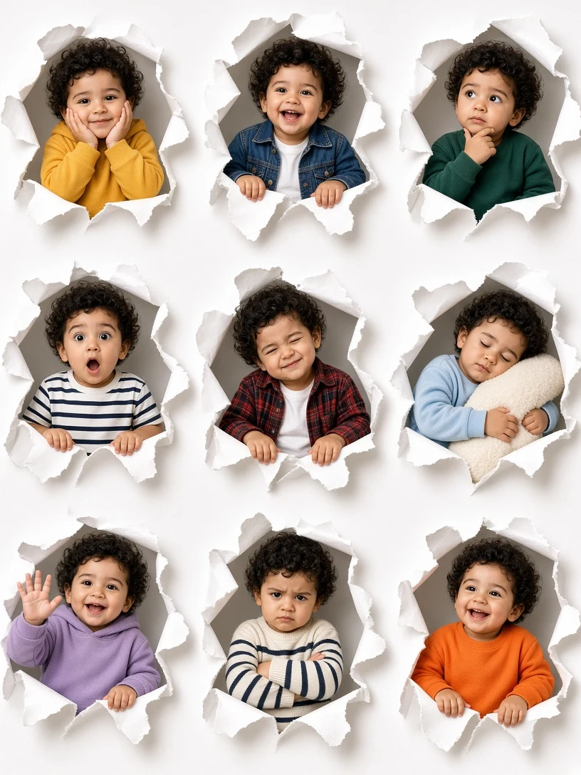 Baby Expression Torn Paper Collage Photo AI Prompt