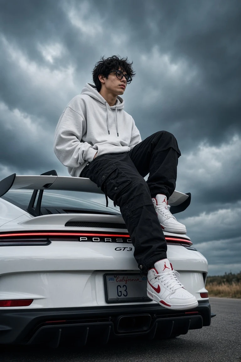 Boy Sitting on Porsche GT3 AI Prompt