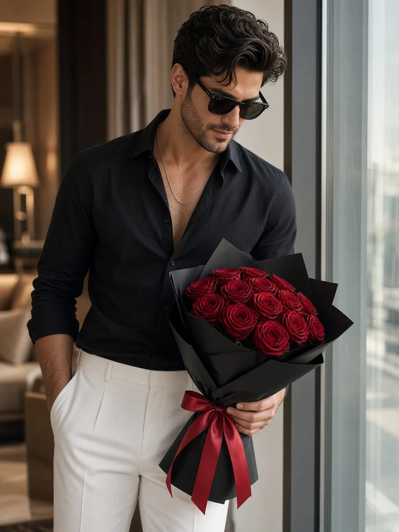 Stylish Man Holding Crimson Roses
