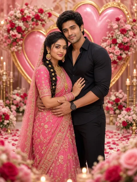 Beautiful Indian Couple Portrait with Heart Floral Backdrop