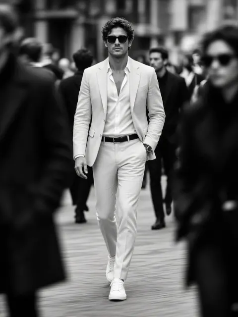 Man Walking Through a Crowd in Street Fashion Photography