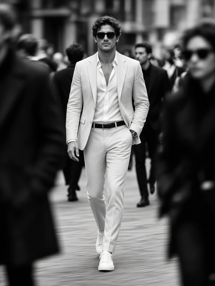 Man Walking Through a Crowd in Street Fashion Photography