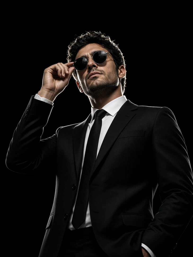 Low-Angle Cinematic Suit Portrait AI Prompt