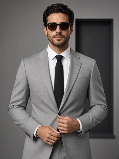 Stylish Man Clubmaster Sunglasses & Gray Suit Studio Photo Prompt