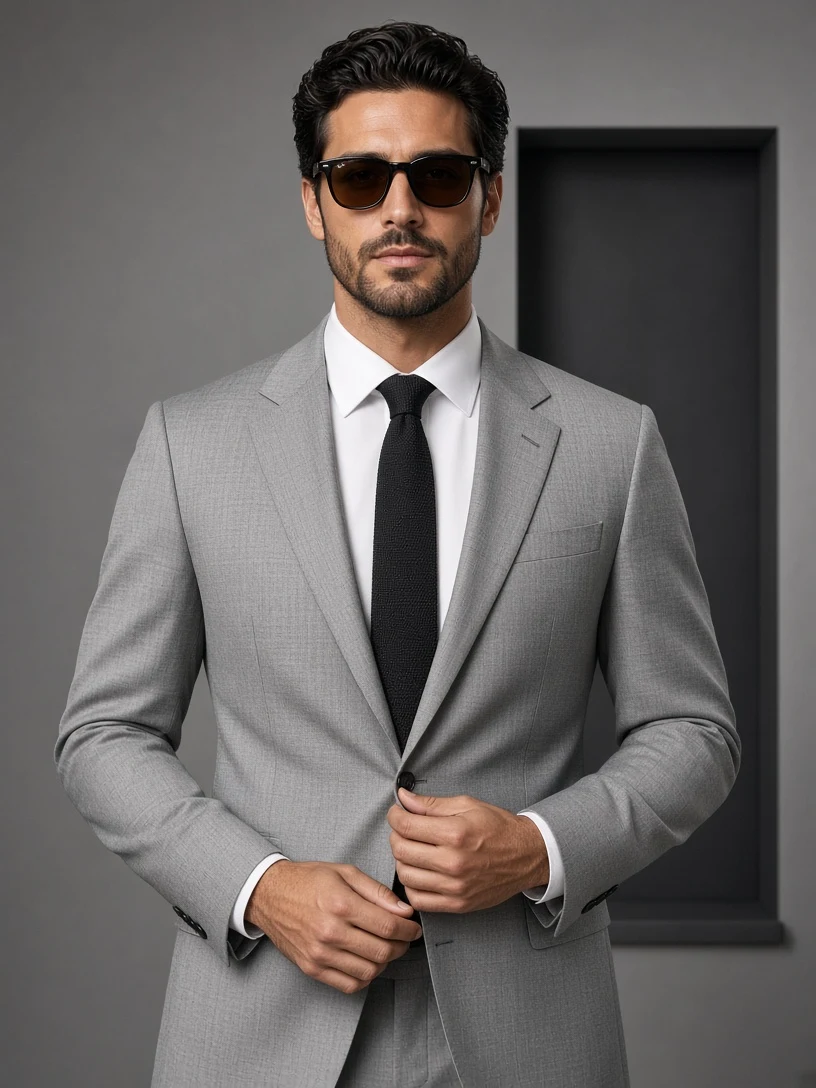 Stylish Man Clubmaster Sunglasses & Gray Suit Studio Photo Prompt