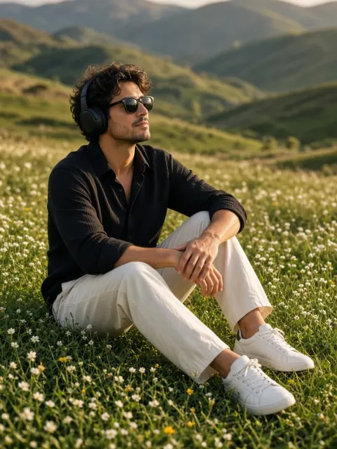 Peaceful Moment with Music in a Hilly Landscape