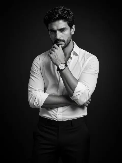 Monochrome Man in a Crisp White Shirt