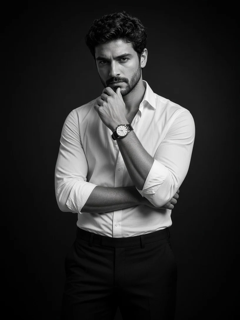 Monochrome Man in a Crisp White Shirt