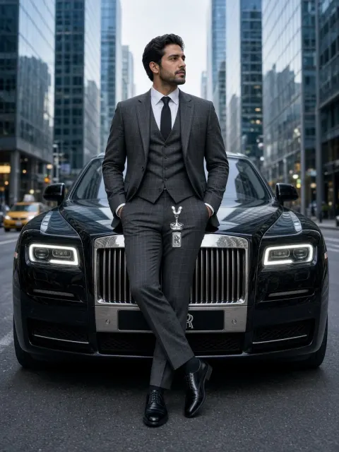 Man in Plaid Suit Against Luxury Car