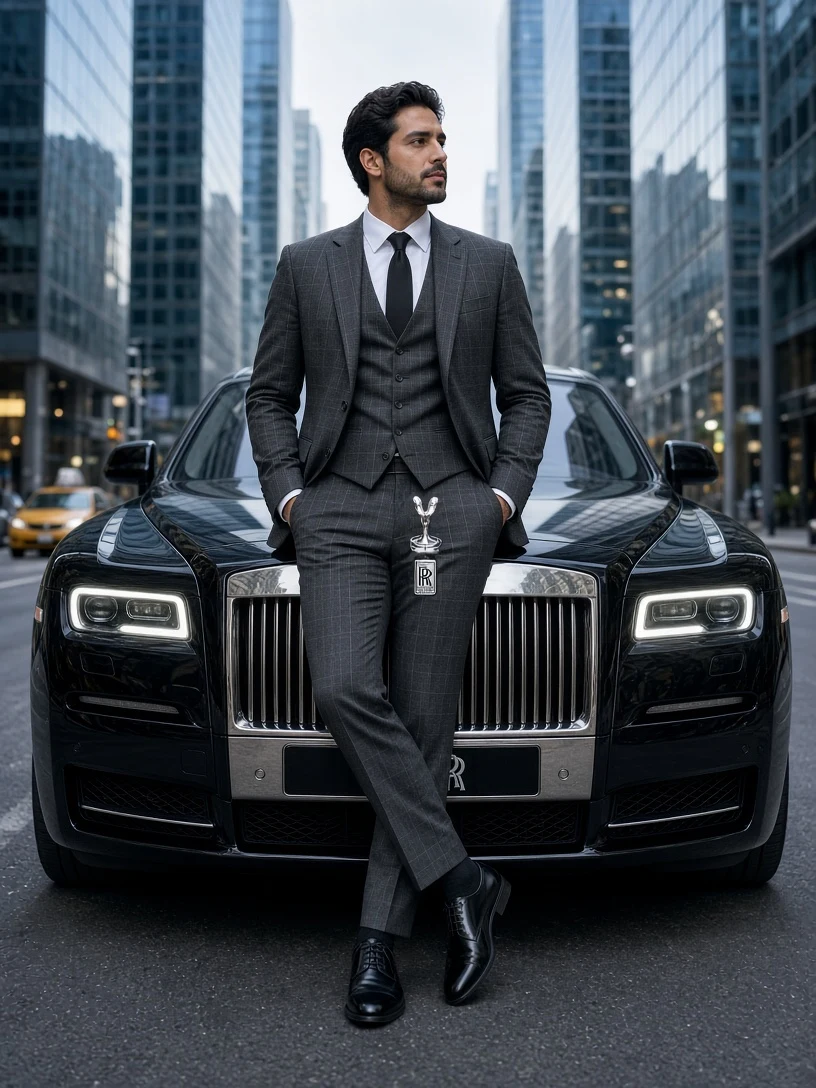 Man in Plaid Suit Against Luxury Car