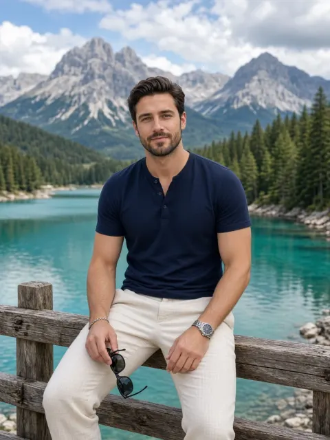 Handsome Man Relaxing by an Alpine Mountain Lake