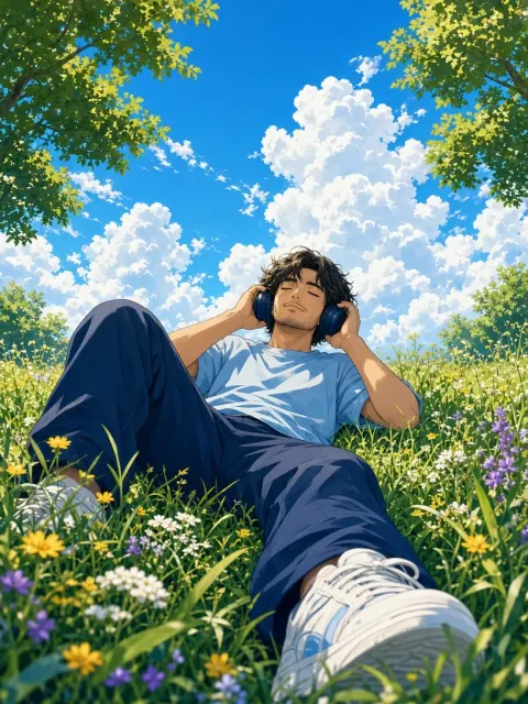 Anime Man Relaxing On Grass Summer AI Prompt