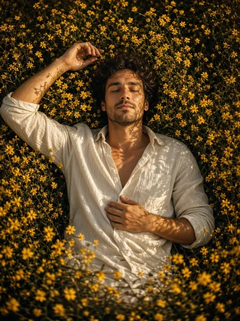 Calm Guy Lying Among Yellow Daisies