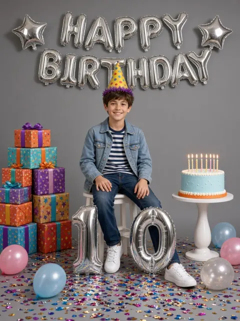 Birthday Boy with Cake and Gifts
