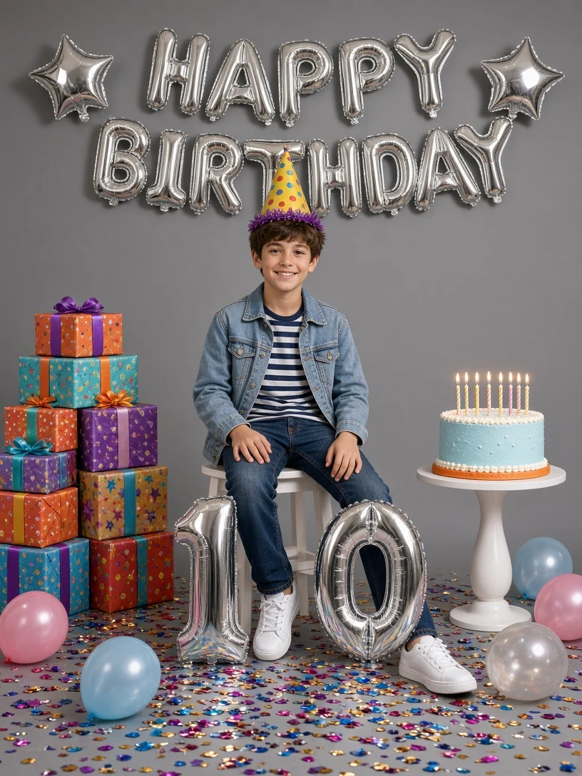 Birthday Boy with Cake and Gifts