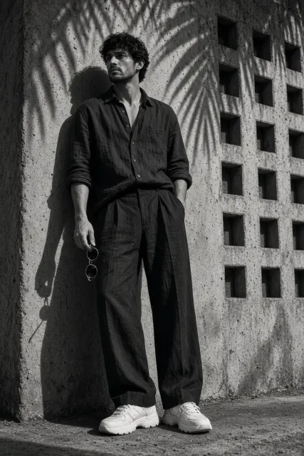 Monochrome Minimalist Man Editorial Fashion Photo Prompt