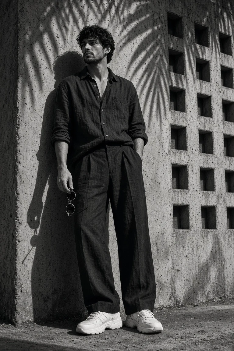 Monochrome Minimalist Man Editorial Fashion Photo Prompt