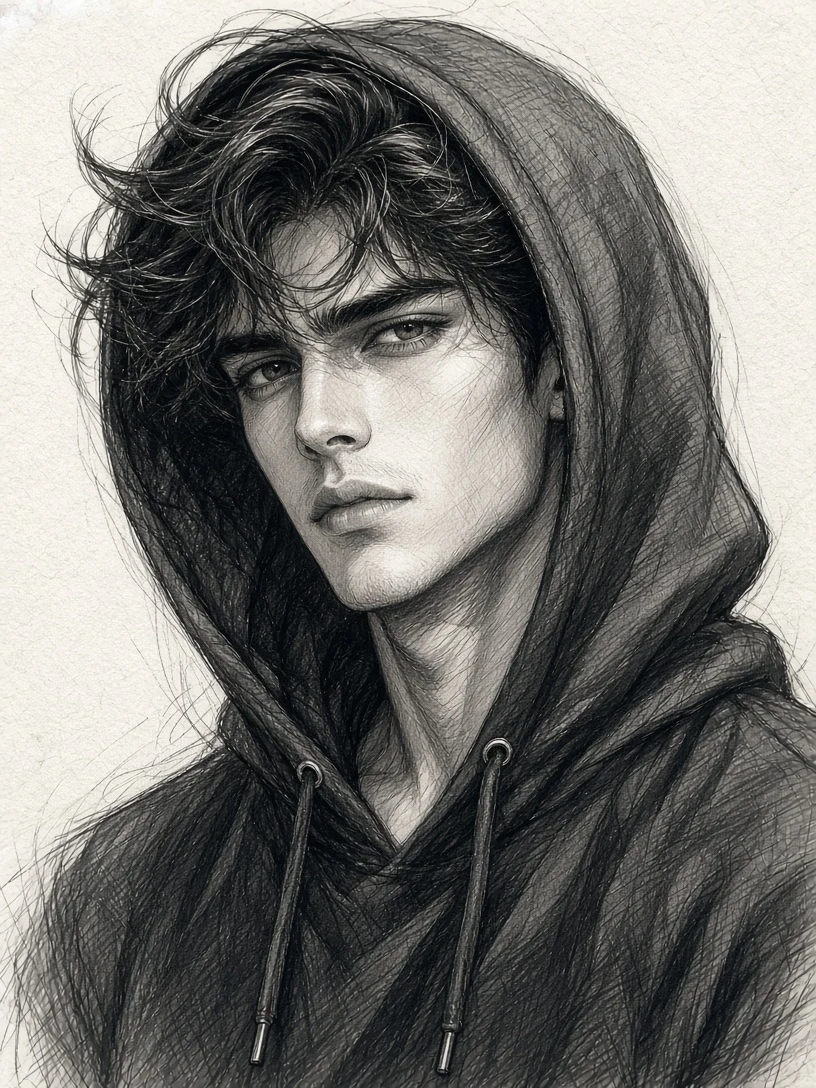 Cool Guy in Hoodie Graphite Sketch