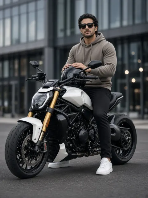 Man sits on motorcycle