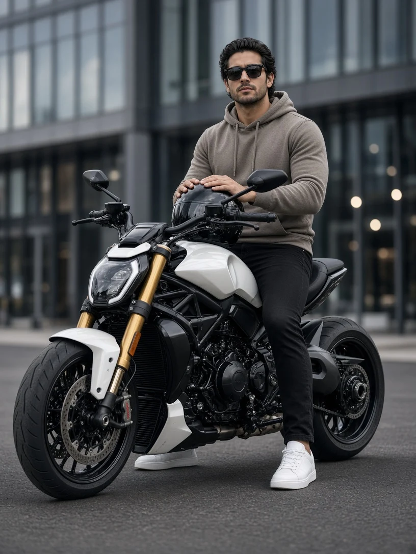 Man sits on motorcycle