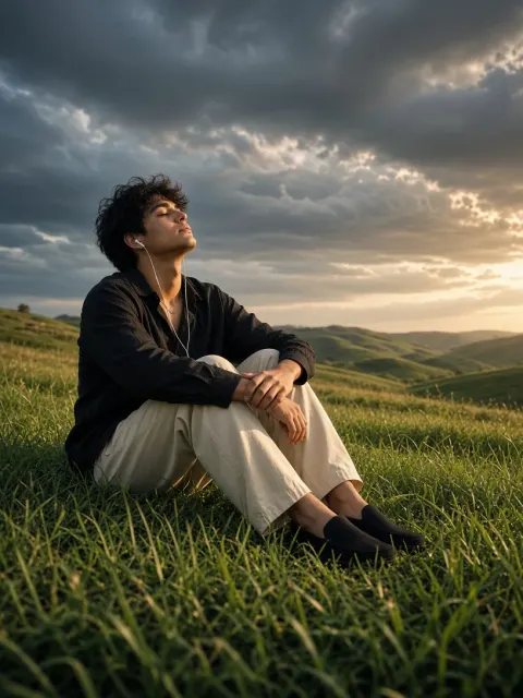 Peaceful Guy Listening to Music Outdoors