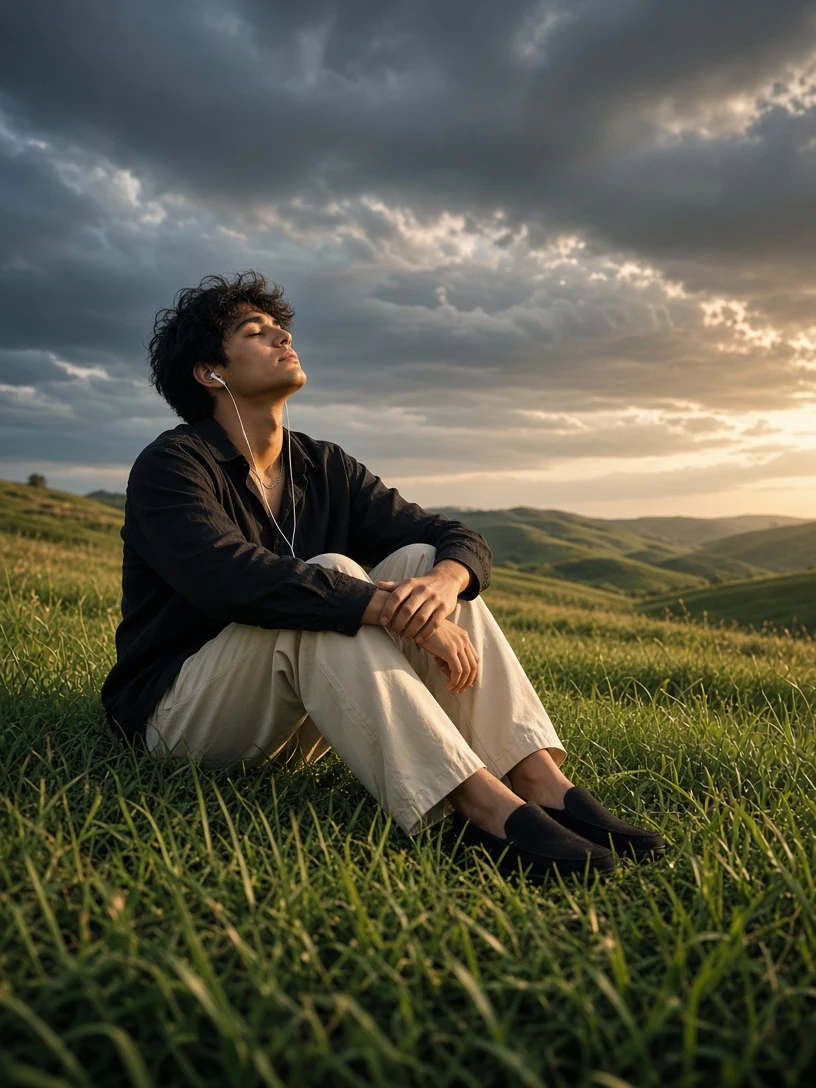 Peaceful Guy Listening to Music Outdoors