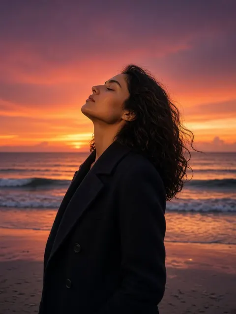 Woman Side Profile Golden Hour Beach AI Photo Prompt