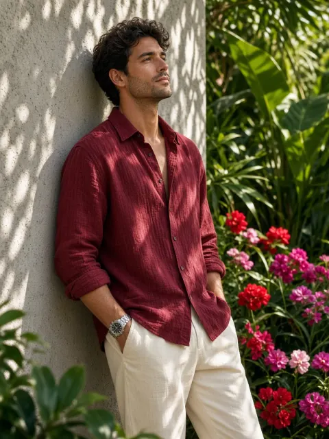 Man in Maroon Shirt Tropical Garden Portrait