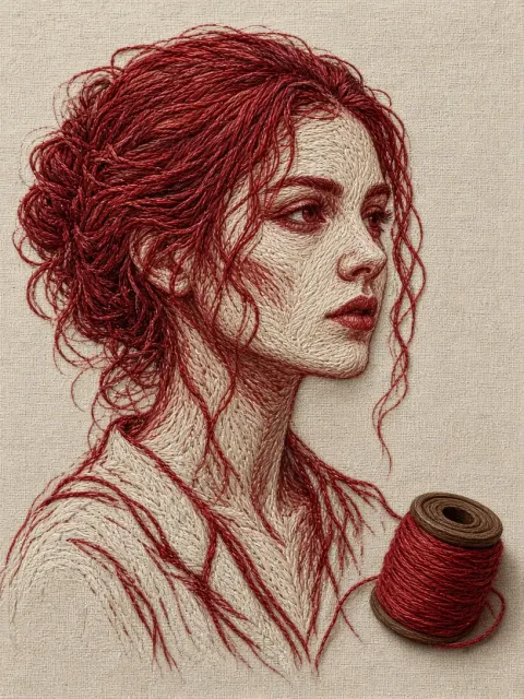 Red Thread Portrait on Linen