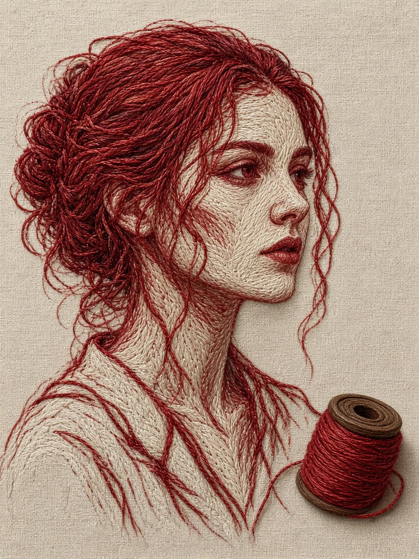 Red Thread Portrait on Linen
