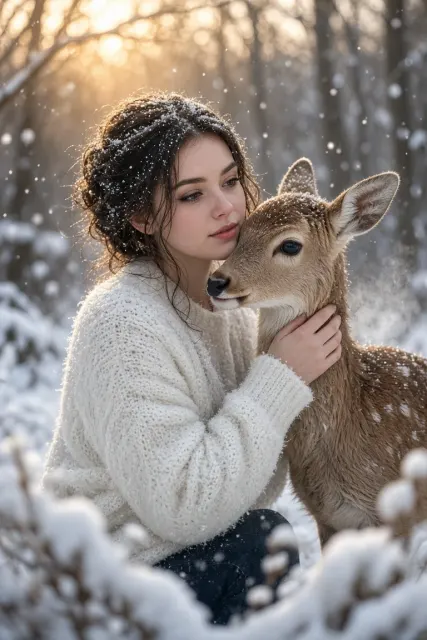 Girl and Fawn in the Snow