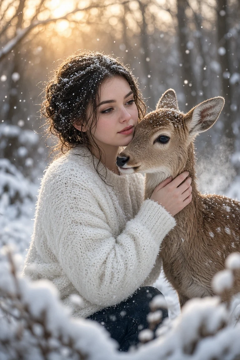 Girl and Fawn in the Snow