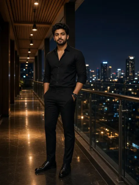 Man in Black on Luxury Balcony with Night Bokeh