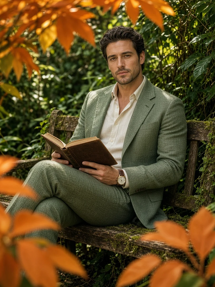Man in Green Suit Reading in Botanical Garden