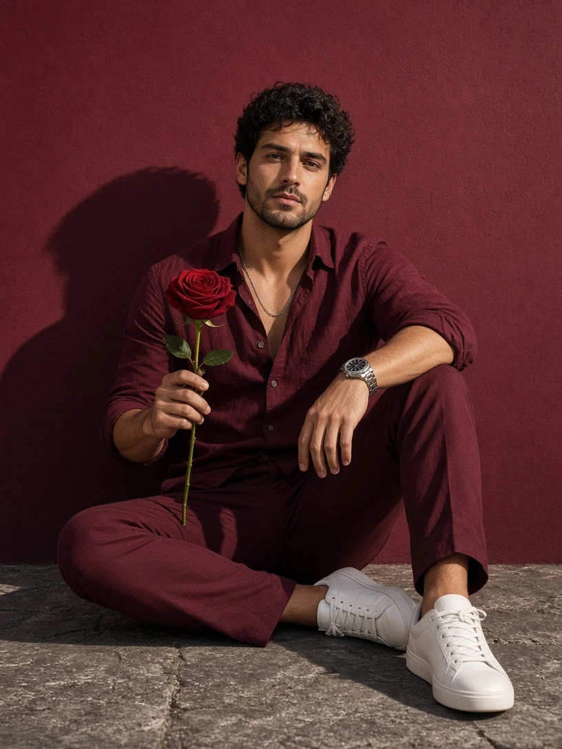 Man Holding Red Rose Burgundy Wall Portrait AI Prompt