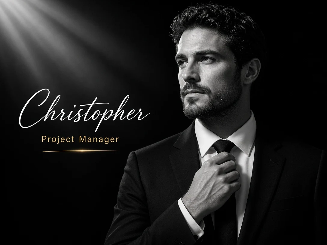 B&W Corporate Headshot with Name & Job Title AI Prompt